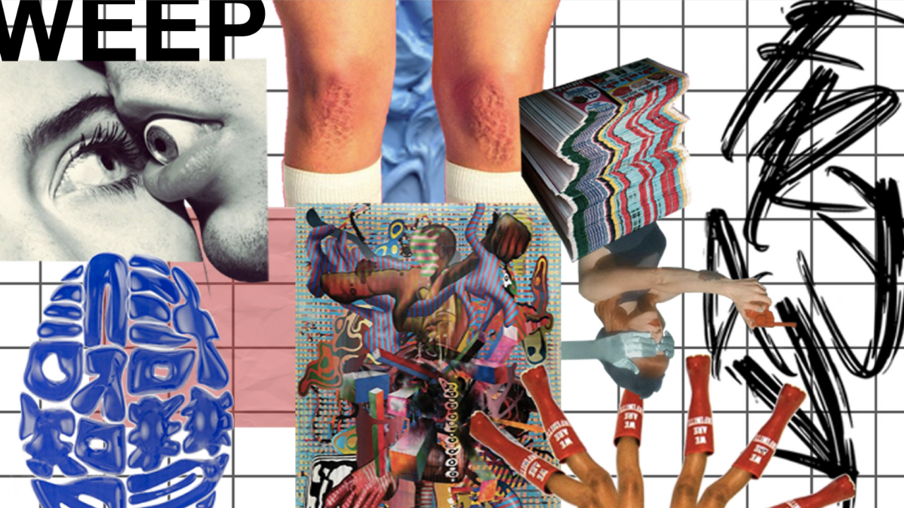 mood board for FIDM student Isy Andrade fashion collection, showing closeup of an eyeball, knees, and graphic design