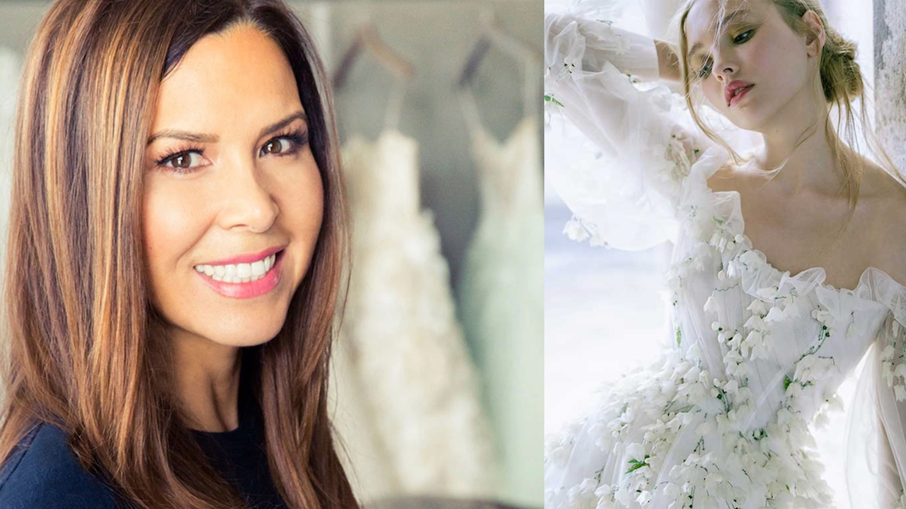 A headshot of designer Monique Lhuillier smiling next to an ethereal image of a Spring bridal gown
