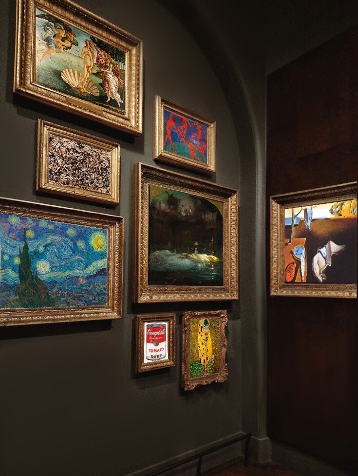 Van Gogh's Starry Nights and other classic art framed and mounted on the wall at a museum