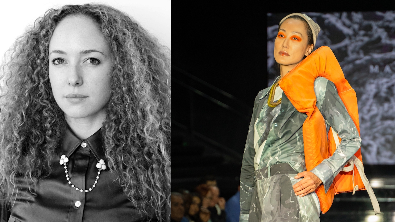 A black and white portrait of designer Marina Leight next to a runway image of her designs for Kornit Fashion Week