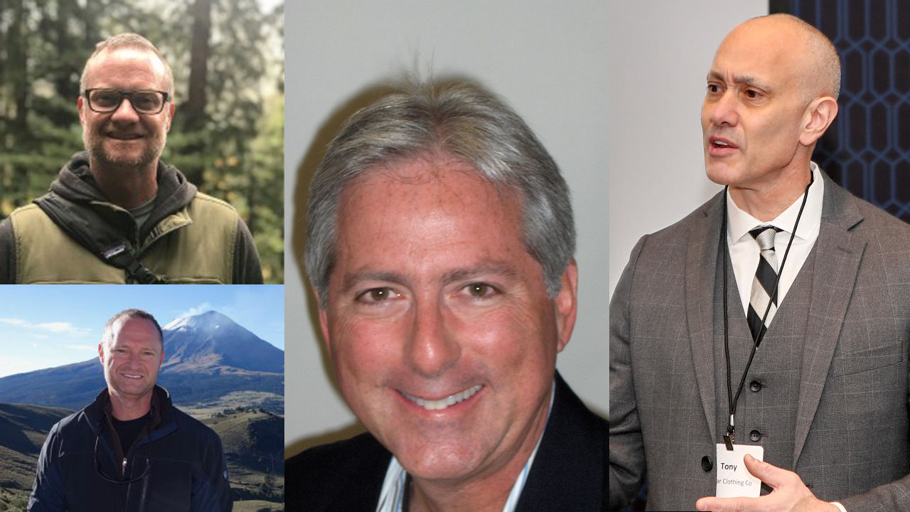 headshots of four men with varying background including mountains, indoors white wall, and trees
