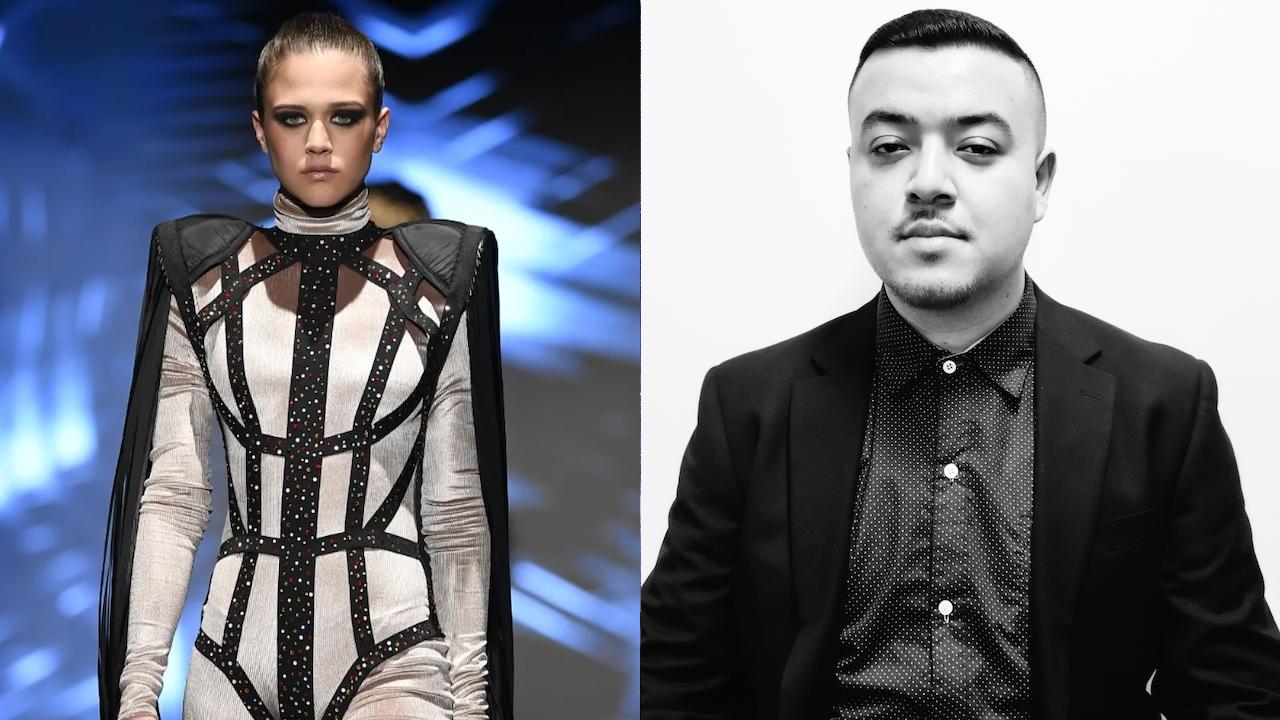 A black and white bodysuit worn by a model on the runway at left; a black and white portrait of Jonathan Guzman at right