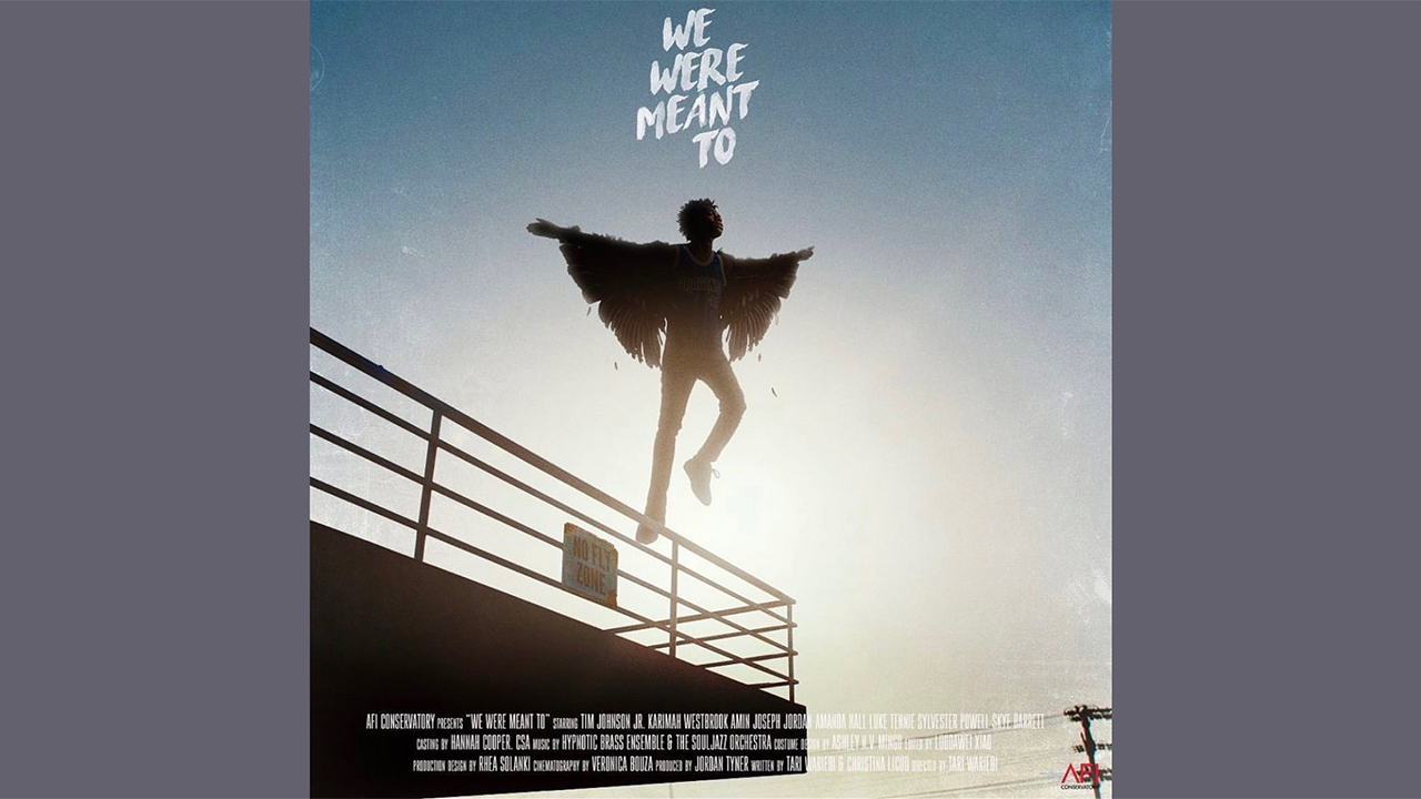 Movie poster for "We Were Meant To" featuring a young Black man with wings flying off a terrace, with the title above his head