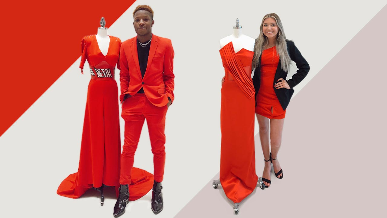 2 designers in red displaying 2 red dresses