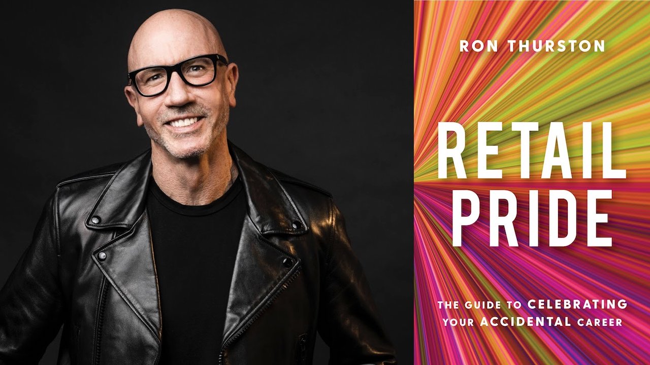 A portrait of FIDM Grad Ron Thurston in a black leather jacket next to the cover of his book Retail Pride
