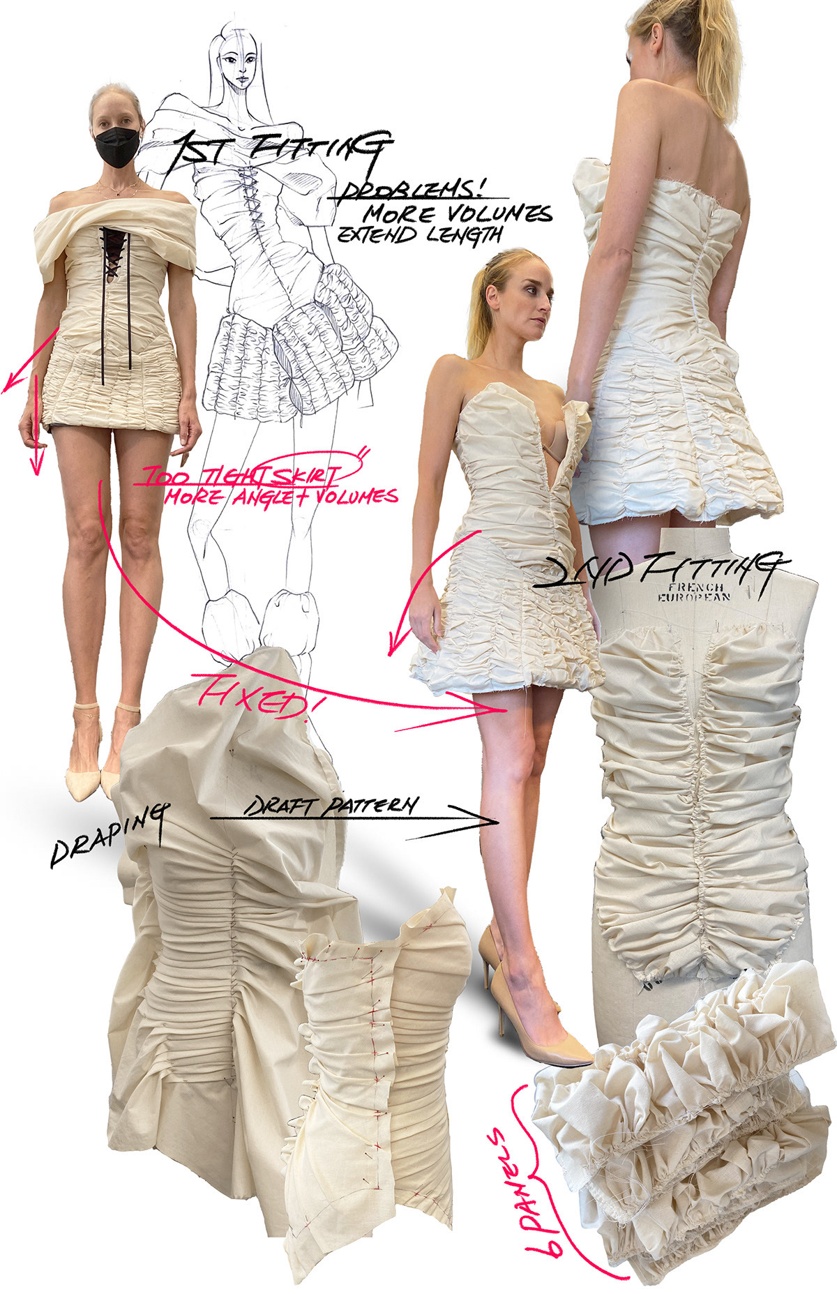 fashion design sketches by FIDM Student HyeRin Lee showing the process for her DEBUT 2023 collection