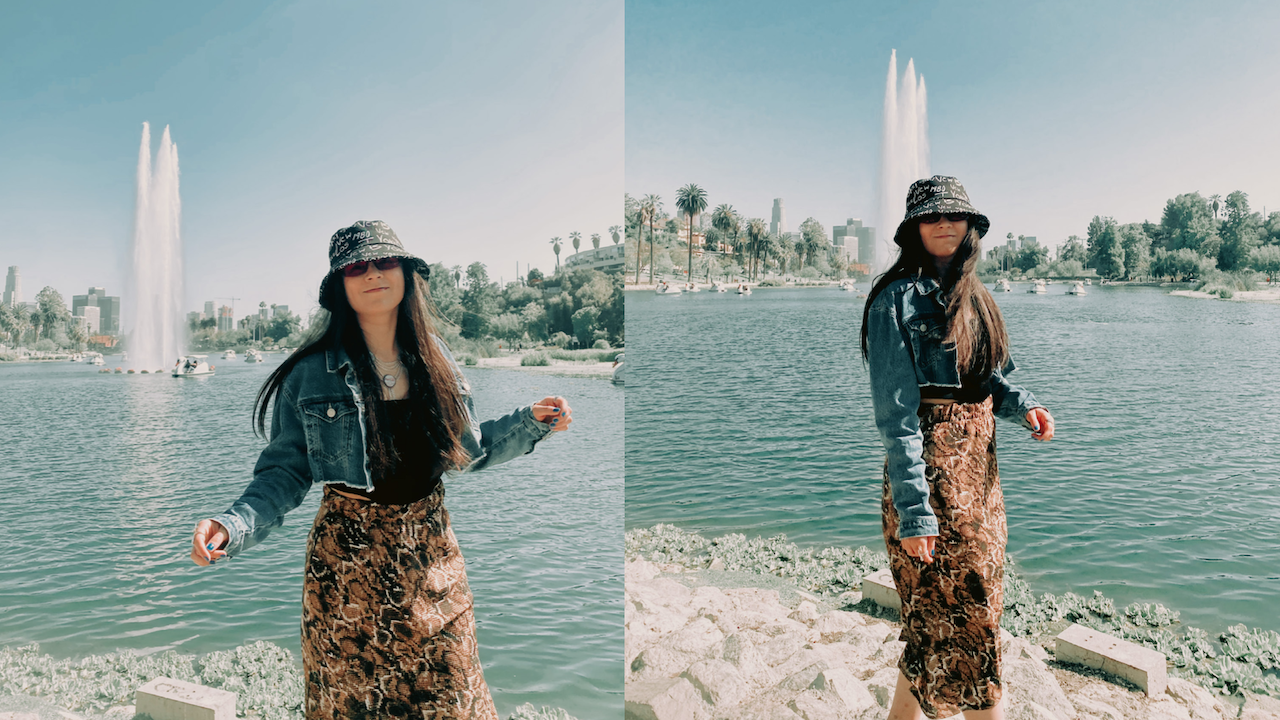 Two side by side portraits of Jackie Kuo wearing a bucket hat and standing in front of water with a fountain