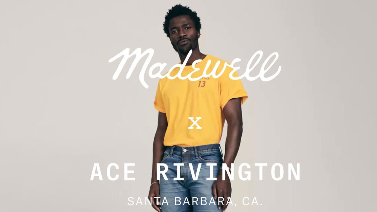 Photo of Man in yellow t shirt an jeans with Madewell x Ace Rivington Santa Barbara superimposed on top of grey background