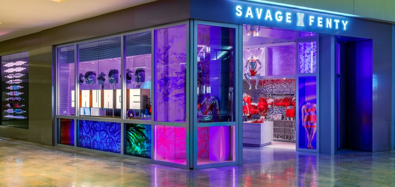 Savage x Fenty mall storefront in purple