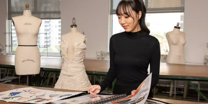 HyeRin Lee fashion design student wearing blue satin camisole with her black hair pulled back