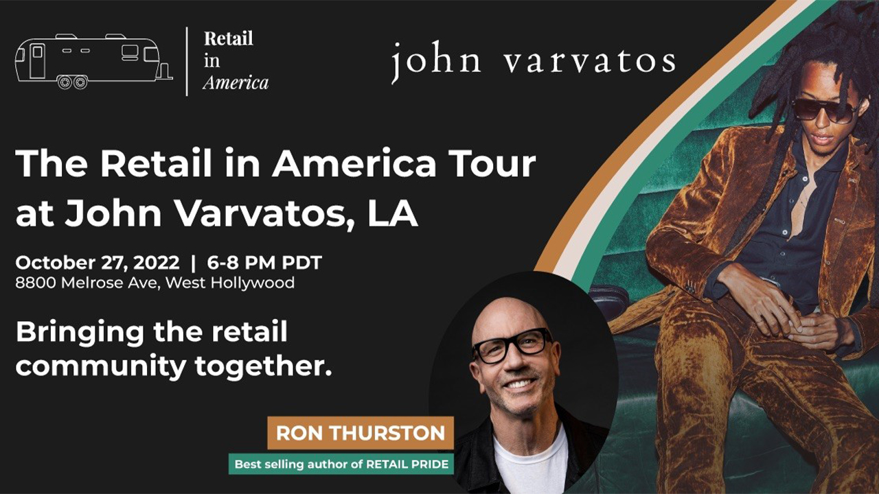 Graphic image with a headshot of Ron and language specifying: The Retail in America Tour at John Varvatos LA, October 27, 2022, 6-9 PM