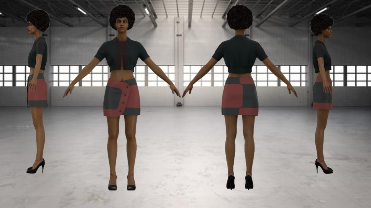 screenshot of a student design in CLO 3D software avatar wears miniskirt and crop shirt