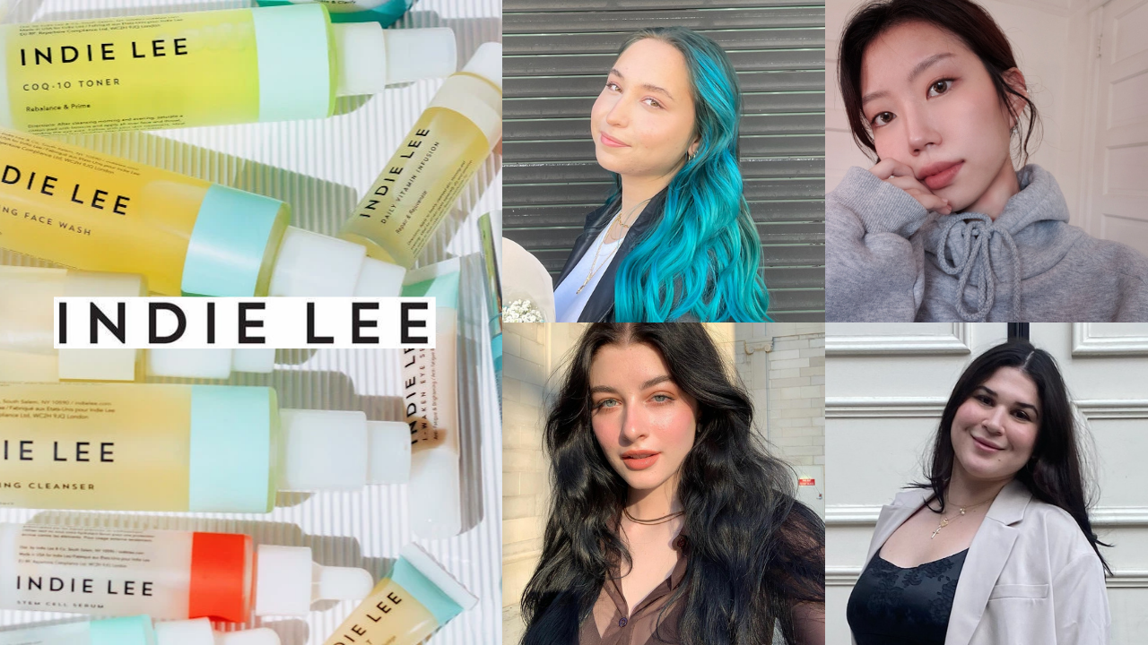 Indie Lee logo with images of FIDM Students Anna Chalik, Amanda King, Jiyoung Moon, and Yesenia Morales