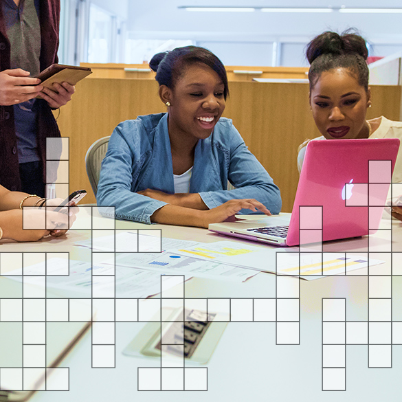 Student at table with crossword puzzle overlay