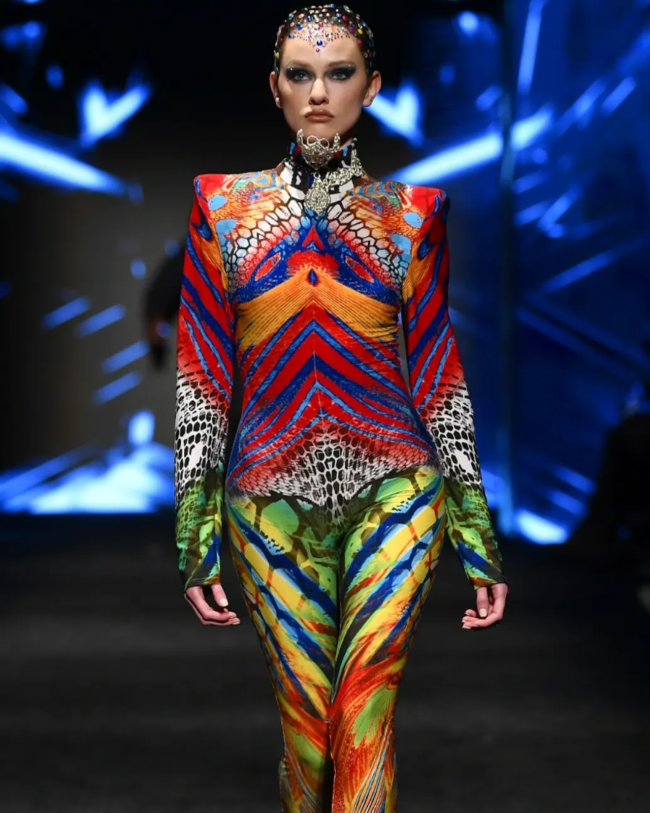 A bold and colorful structured look from Jonathan Guzman at LA Fashion Week