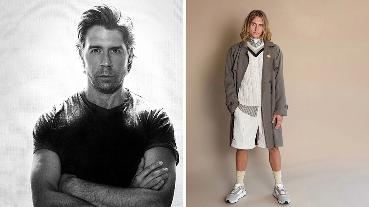 A black and white portrait of Teddy von Ranson posed with his arms folded across his chest at left; A model wears a cream sweater, shorts, and a long grey jacket at right