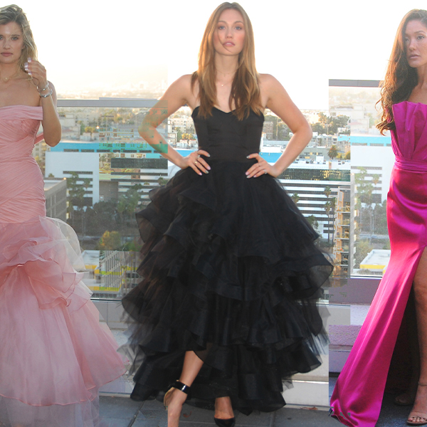 Photo of 3 Laura Vivienne dresses side by side. From left to right: pale pink strapless gown, black floor length gown with gauzy tiered skirt, hot pink strapless with slit up the side