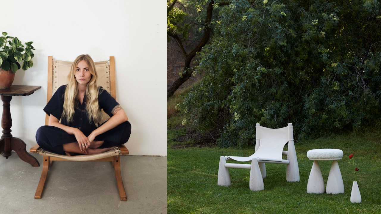 Grad Sam Klemick sits with her legs crossed on a chair of her own design