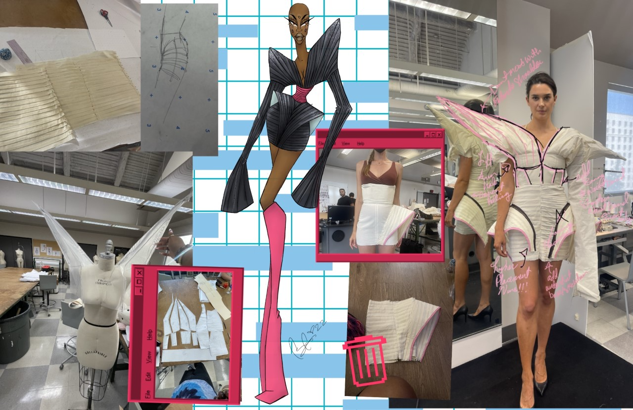 collage of images for Cyncir fashion collection including model fittings and fashion sketches