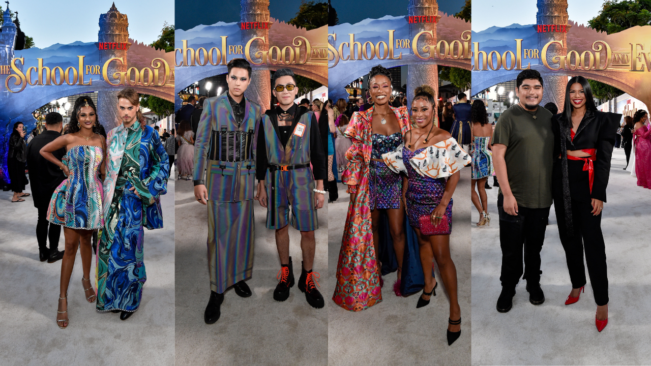 FIDM designers stand outside with their models wearing their custom designed fashions at Netflix premiere of The School For Good and Evil in LA