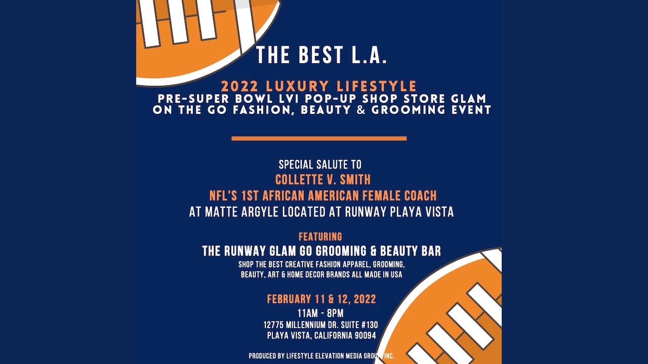 A graphic of an invitation to Matte Argyle's pop-up shop during Super Bowl Weekend featuring a navy background and orange footballs