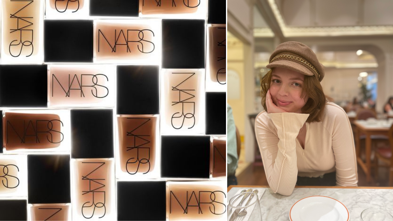 A collection of bottles of NARS foundation makeup with black caps laying flat on a lightbox next to a photo of FIDM Student Lizi Jones sitting at a table 